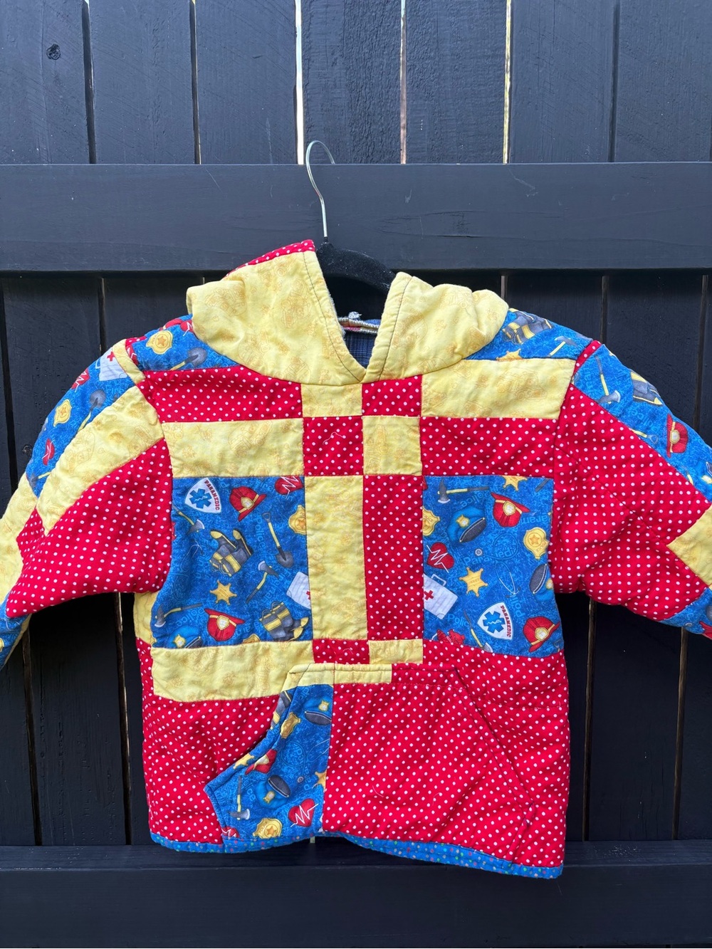 Upcycled Patchwork Quilted Kid's Hoodie - Red, Blue & Yellow 2T/3T